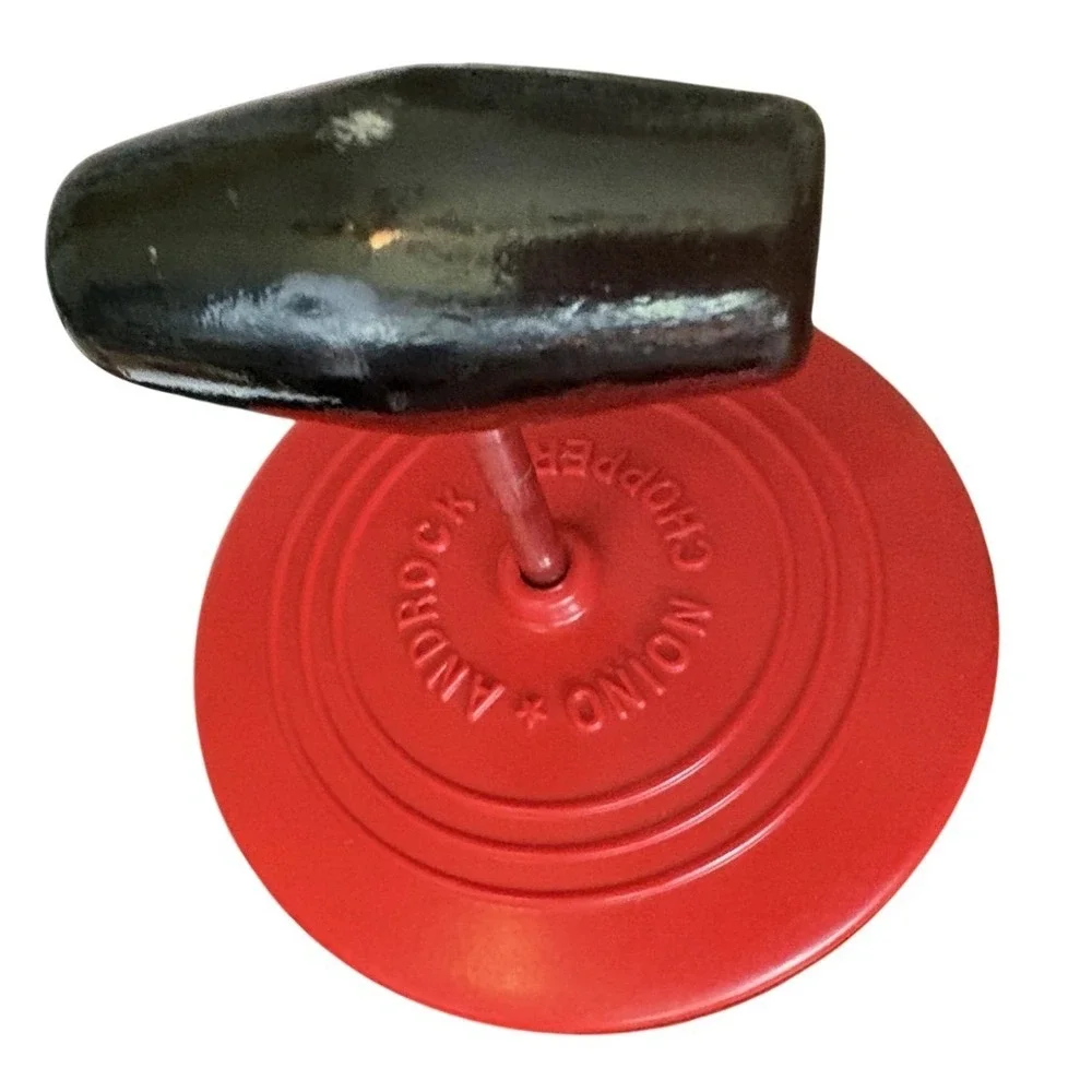 Vintage Androck Onion Nut Chopper 1 Cup Glass Measuring Jar Red Lid Wood Handle